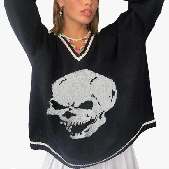 Black Skull Casual Long Sleeve Knitted Sweater Large - Picture 3 of 9